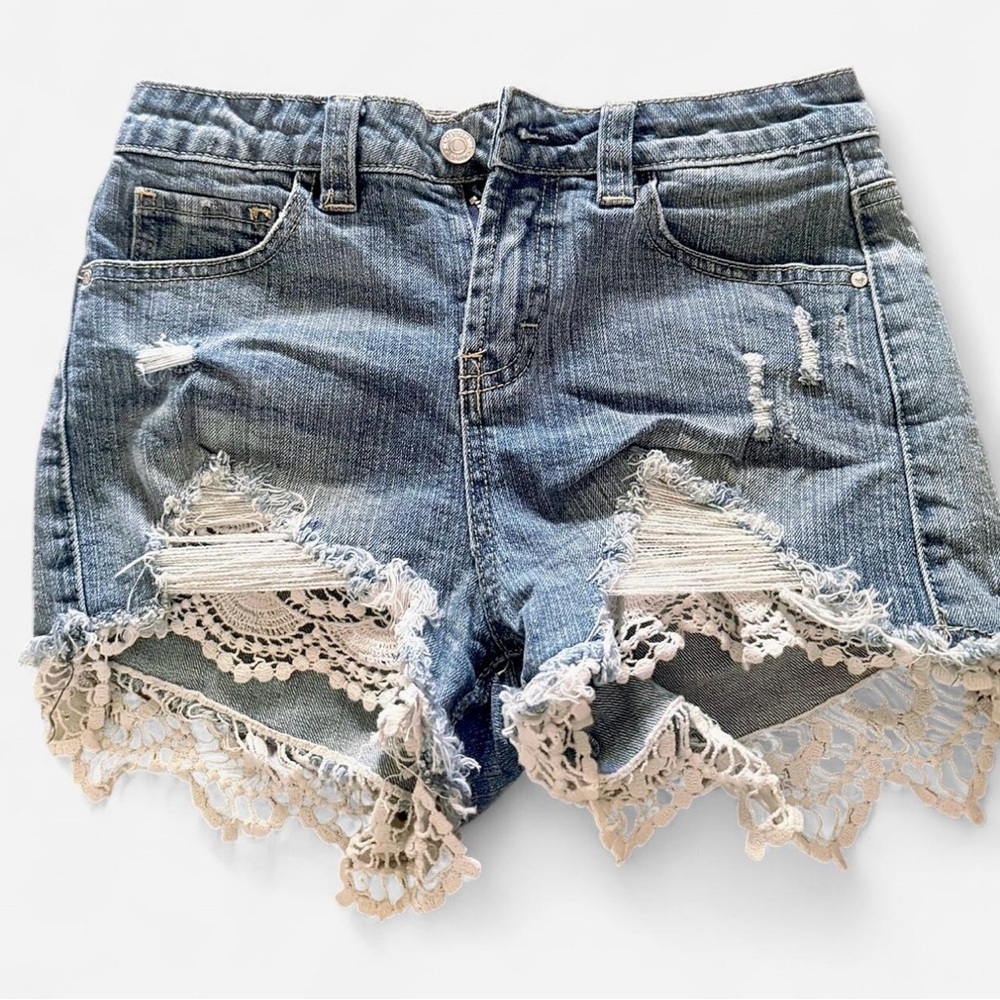 Almost Famous Distressed Denim Jean Shorts w/ Lace Trim